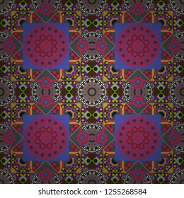 Vector colorful background, geometric doodle ornate seamless pattern. Bandanna shawl, tablecloth fabric print, silk neck scarf, kerchief design in blue, gray and magenta colors.