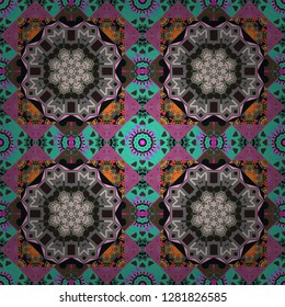 Vector colorful background, geometric doodle ornate seamless pattern. Bandanna shawl, tablecloth fabric print, silk neck scarf, kerchief design in green, brown and gray colors.