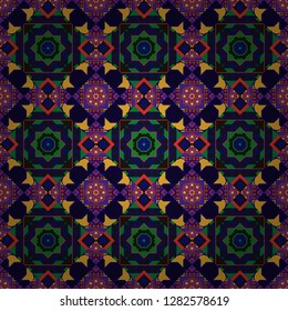 Vector colorful background, geometric doodle ornate seamless pattern. Bandanna shawl, tablecloth fabric print, silk neck scarf, kerchief design in black, violet and blue colors.