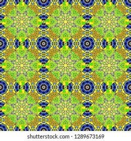 Vector colorful background, geometric doodle ornate seamless pattern. Bandanna shawl, tablecloth fabric print, silk neck scarf, kerchief design in yellow, green and blue colors.