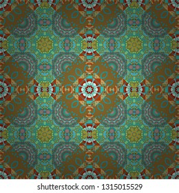 Vector colorful background, geometric doodle ornate seamless pattern. Bandanna shawl, tablecloth fabric print, silk neck scarf, kerchief design in brown, blue and green colors.