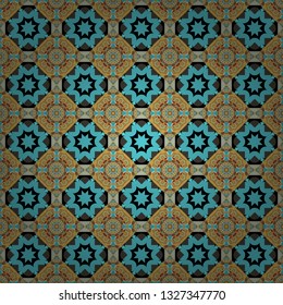Vector colorful background, geometric doodle ornate seamless pattern. Bandanna shawl, tablecloth fabric print, silk neck scarf, kerchief design in orange, blue and gray colors.