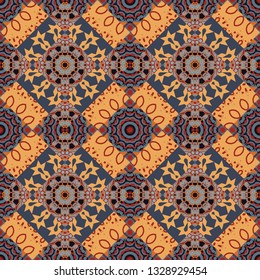 Vector colorful background, geometric doodle ornate seamless pattern. Bandanna shawl, tablecloth fabric print, silk neck scarf, kerchief design in orange, gray and blue colors.