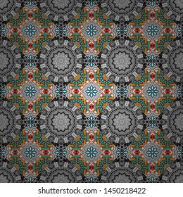 Vector colorful background, geometric doodle ornate seamless pattern. Bandanna shawl, tablecloth fabric print, silk neck scarf, kerchief design in beige, gray and blue colors.