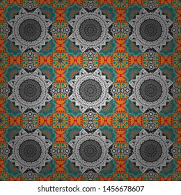 Vector colorful background, geometric doodle ornate seamless pattern. Bandanna shawl, tablecloth fabric print, silk neck scarf, kerchief design in gray, orange and blue colors.