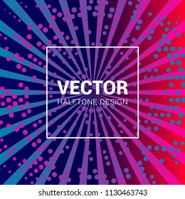 Vector colorful background with halftone pattern and rays in trendy colors.