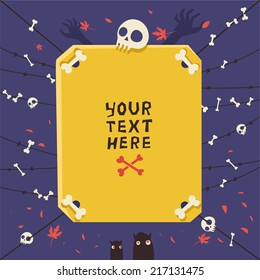 Vector colorful background for Halloween or Zombie party. Bones and skulls on barbed wire. 