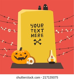 Vector colorful background for Halloween or Zombie party. Bones and skulls on barbed wire