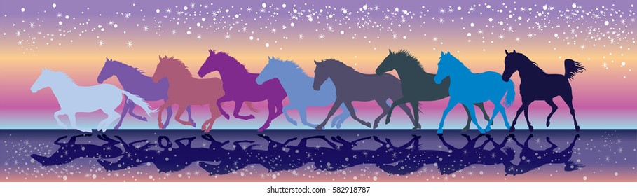 Vector colorful background with horses galloping in the sunset