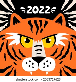 Vector colorful background with illustration of cartoon tiger. Symbol of Happy New Year 2022. Cover for use in design