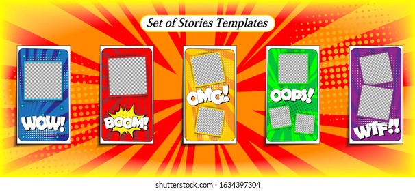 Vector colorful background in pop art retro comic style. Vector trendy editable set of templates for social media networks stories. Modern design backgrounds for flyers, cards, posters.