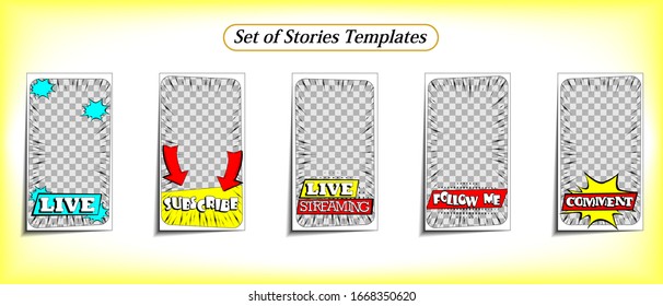 Vector colorful background in pop art retro comic style. Vector trendy editable set of templates for social media networks stories. Modern design backgrounds for flyers, cards, posters.