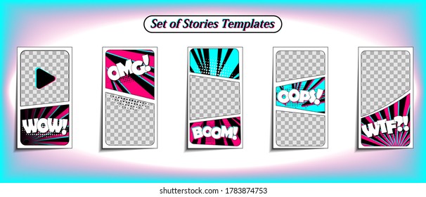 Vector colorful background in pop art retro comic style. Vector trendy editable set of templates for social media networks stories. Modern design backgrounds for flyers, cards, posters.