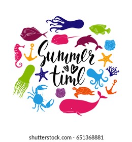 Vector colorful background. Sea animals. Marine elements. Nautical fish. Modern calligraphy. Ink hand drawn inscription Summer time. Typography. Brush lettering. 