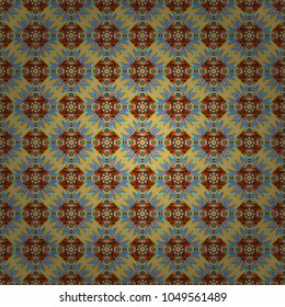 Vector colorful background. Seamless pattern with natural mandala flat lay, zen, yoga, meditation, still life mandala. Bohemian flower mandala in blue, brown and yellow colors.