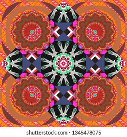 Vector colorful background. Seamless pattern with natural mandala flat lay, zen, yoga, meditation, still life mandala. Bohemian flower mandala in red, brown and black colors.