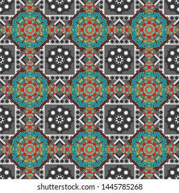 Vector colorful background. Seamless pattern with natural mandala flat lay, zen, yoga, meditation, still life mandala. Bohemian flower mandala in gray, brown and blue colors.