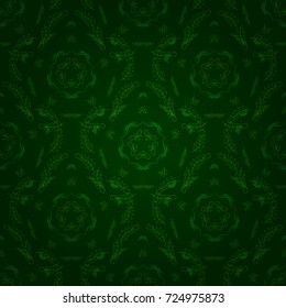 Vector colorful background. Seamless pattern with natural mandala flat lay, zen, yoga, meditation, still life mandala. Bohemian flower mandala in green and blue colors.