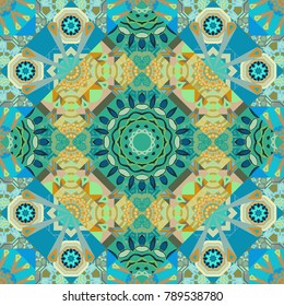 Vector colorful background. Seamless pattern with natural mandala flat lay, zen, yoga, meditation, still life mandala. Bohemian flower mandala in green, blue and gray colors.