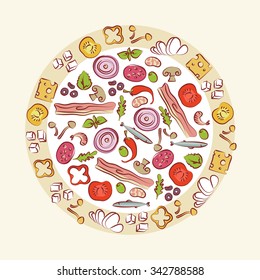 vector colorful background, sketched pizza ingredients