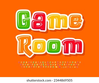 Vector colorful badge Game Room. Funny Colorful Font. Bright Glossy Alphabet Letters and Numbers