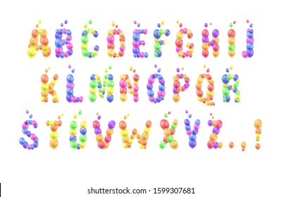 Vector Colorful Balloon Font Isolated on White Background, Bright Colors, 3D Realistic Balloons, ABC set.