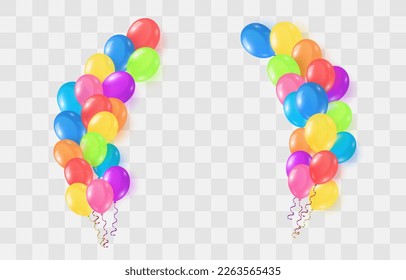 Globos de colores vectoriales aislados en el fondo del png. Plantilla de globos de helio 3d festividad realista para el aniversario, diseño de fiesta de cumpleaños. Ilustración del vector sobre fondo transparente
