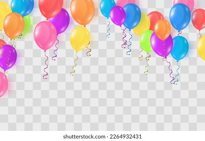 Globos de colores vectoriales aislados en el fondo del png. Plantilla de globos de helio 3d festividad realista para el aniversario, diseño de fiesta de cumpleaños. Ilustración del vector sobre fondo transparente