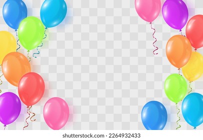 Vector colorful balloons isolated on png background. Realistic festive 3d helium balloons template for anniversary, Birthday party design. Vector illustration on transparent background