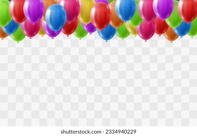 Vector colorful balloons isolated on png background. Realistic festive 3d helium balloons template for anniversary, Birthday party design. Vector illustration on transparent background