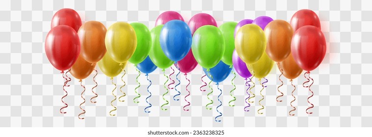 Globos de colores vectoriales aislados en el fondo del png. Plantilla de globos de helio 3d festividad realista para el aniversario, diseño de fiesta de cumpleaños. Ilustración del vector sobre fondo transparente