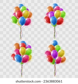 Vector colorful balloons isolated on png background. Realistic festive 3d helium balloons template for anniversary, Birthday party design. Vector illustration on transparent background
