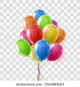 Vector colorful balloons isolated on png background. Realistic festive 3d helium balloons template for anniversary, Birthday party design. Vector illustration on transparent background