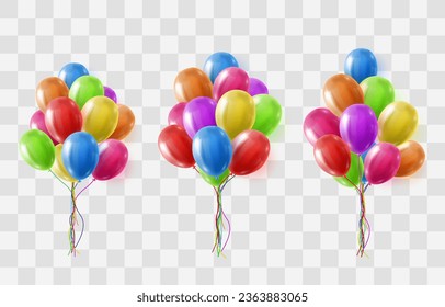 Globos de colores vectoriales aislados en el fondo del png. Plantilla de globos de helio 3d festividad realista para el aniversario, diseño de fiesta de cumpleaños. Ilustración del vector sobre fondo transparente