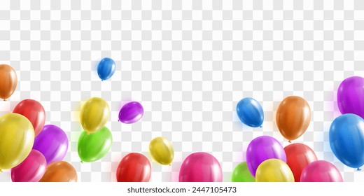 Vector colorful balloons isolated on png background. Realistic festive 3d helium balloons template for anniversary, Birthday party design. Vector illustration on transparent background