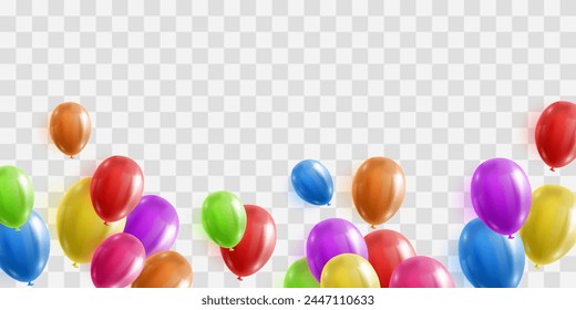 Vector colorful balloons isolated on png background. Realistic festive 3d helium balloons template for anniversary, Birthday party design. Vector illustration on transparent background