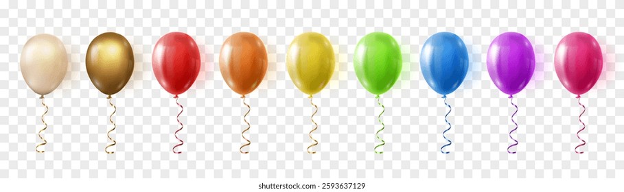 Vector colorful balloons isolated on png background. Realistic festive 3d helium balloons, Birthday party design. Vector illustration on transparent background