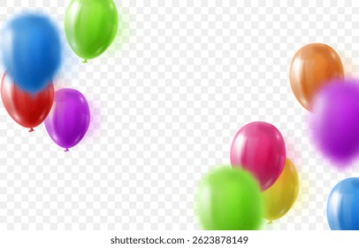Vector colorful balloons isolated on png background. Realistic festive 3d helium balloons. Vector illustration on transparent background