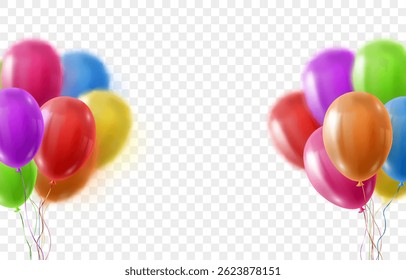 Vector colorful balloons isolated on png background. Realistic festive 3d helium balloons. Vector illustration on transparent background