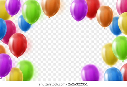Vector colorful balloons isolated on png background. Realistic festive 3d helium balloons. Vector illustration on transparent background.