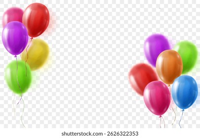 Vector colorful balloons isolated on png background. Realistic festive 3d helium balloons. Vector illustration on transparent background.