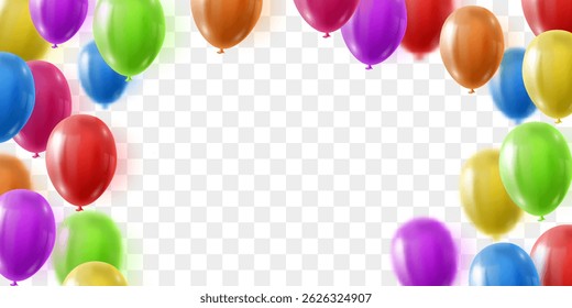 Vector colorful balloons isolated on png background. Realistic festive 3d helium balloons. Vector illustration on transparent background.