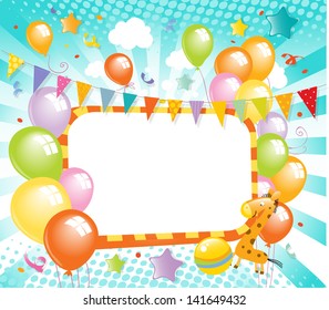 Vector colorful balloons with label, celebration background.