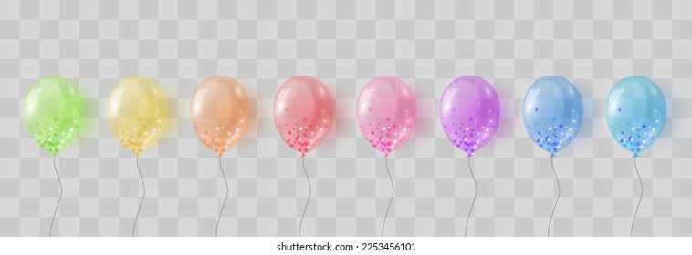 Vector colorful balloons set isolated on png background. Realistic festive 3d helium balloons template for anniversary, Birthday party design. Vector illustration on transparent background