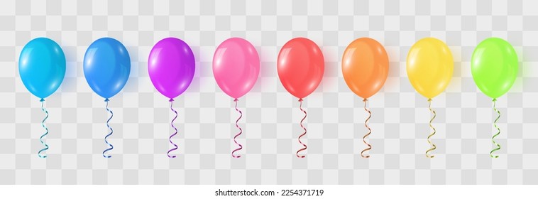 Vector colorful balloons set isolated on png background. Realistic festive 3d helium balloons template for anniversary, Birthday party design. Vector illustration on transparent background