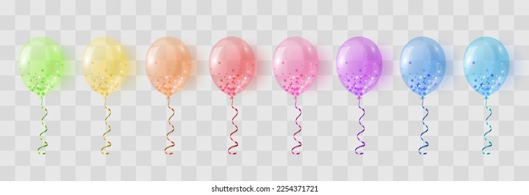 Vector colorful balloons set isolated on png background. Realistic festive 3d helium balloons template for anniversary, Birthday party design. Vector illustration on transparent background