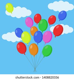 Vector of colorful balloons in the sky with clouds. Helium balloons in the air. Celebration, festival concept.
