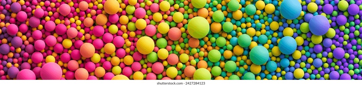 Vector colorful balls background for kids zone or children's playroom. Wide banner or header with many rainbow random gradient bright soft balls. Huge pile of colorful mixed balls in different sizes