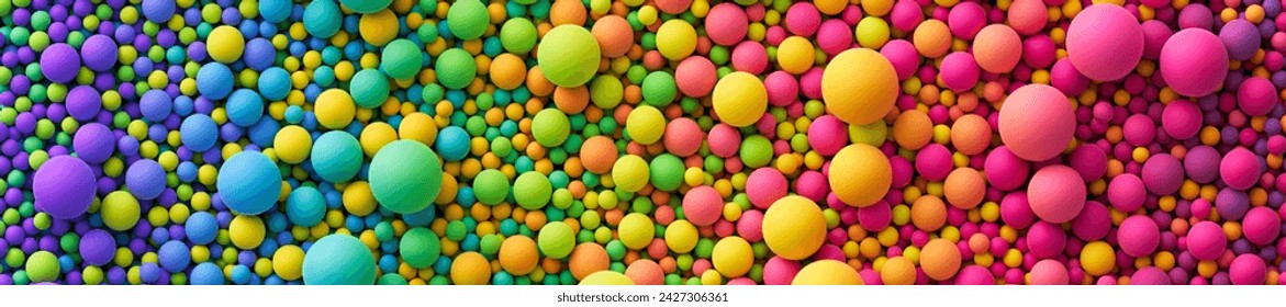 Vector colorful balls background for kids zone or children's playroom. Wide banner or header with many rainbow random gradient bright soft balls. Huge pile of colorful mixed balls in different sizes