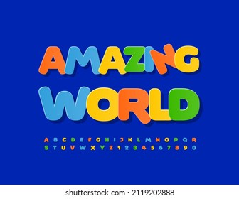 Banner de colores vectores Amazing World con estilo de pegatina Font. Divertidas letras y números de alfabeto